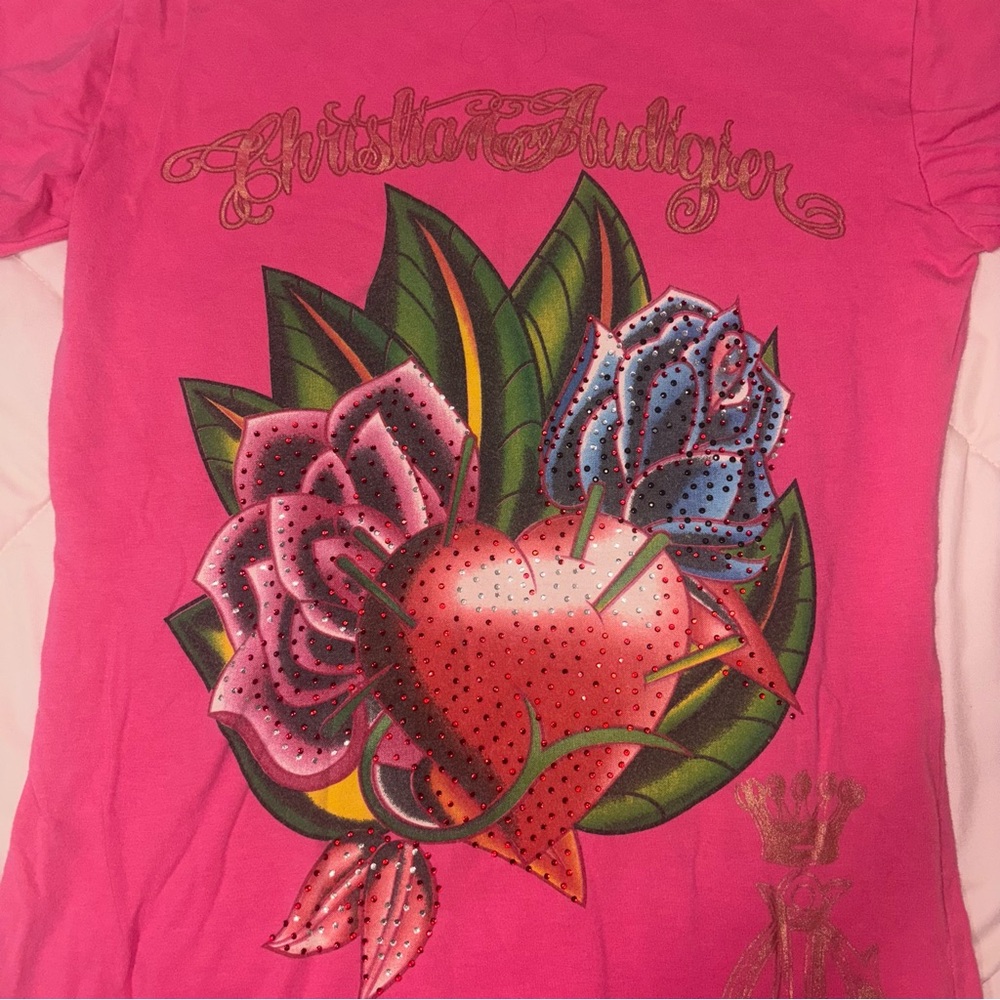 💕Christian Audigier Pink Floral Graphic Tee - Picture 3 of 8